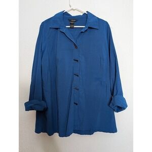 Ali Miles 1X Top Blue Woven Crepe Fancy Button Up Stay Collar 3/4 Sleeves Artsy